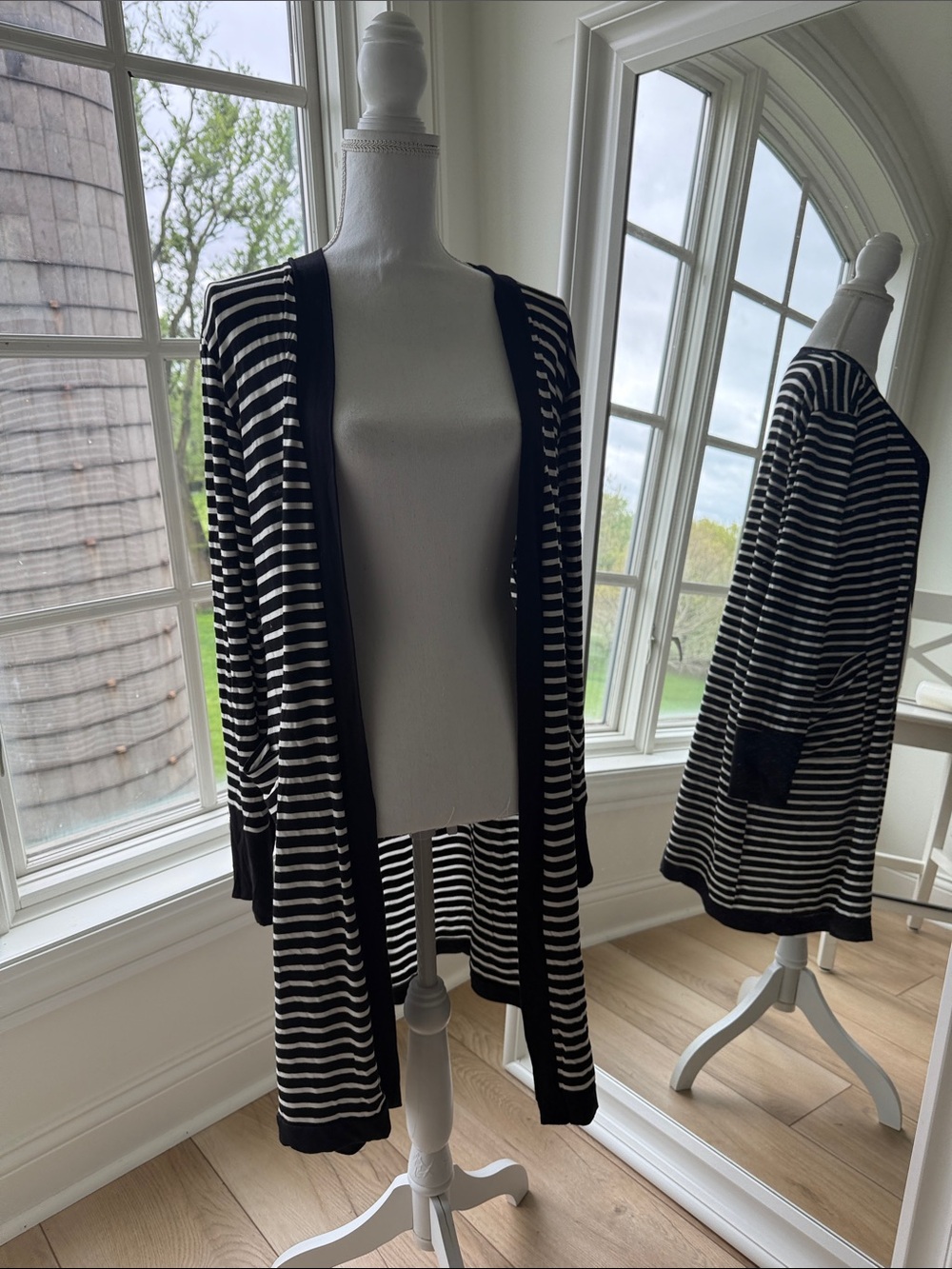 Boutique style Black and White Striped Open Cardigan